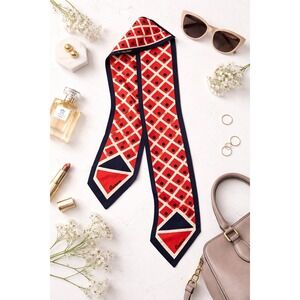 Caron Vintage Skinny Scarf Red Navy Blue White Geometric Lattice Polka Dot Tie